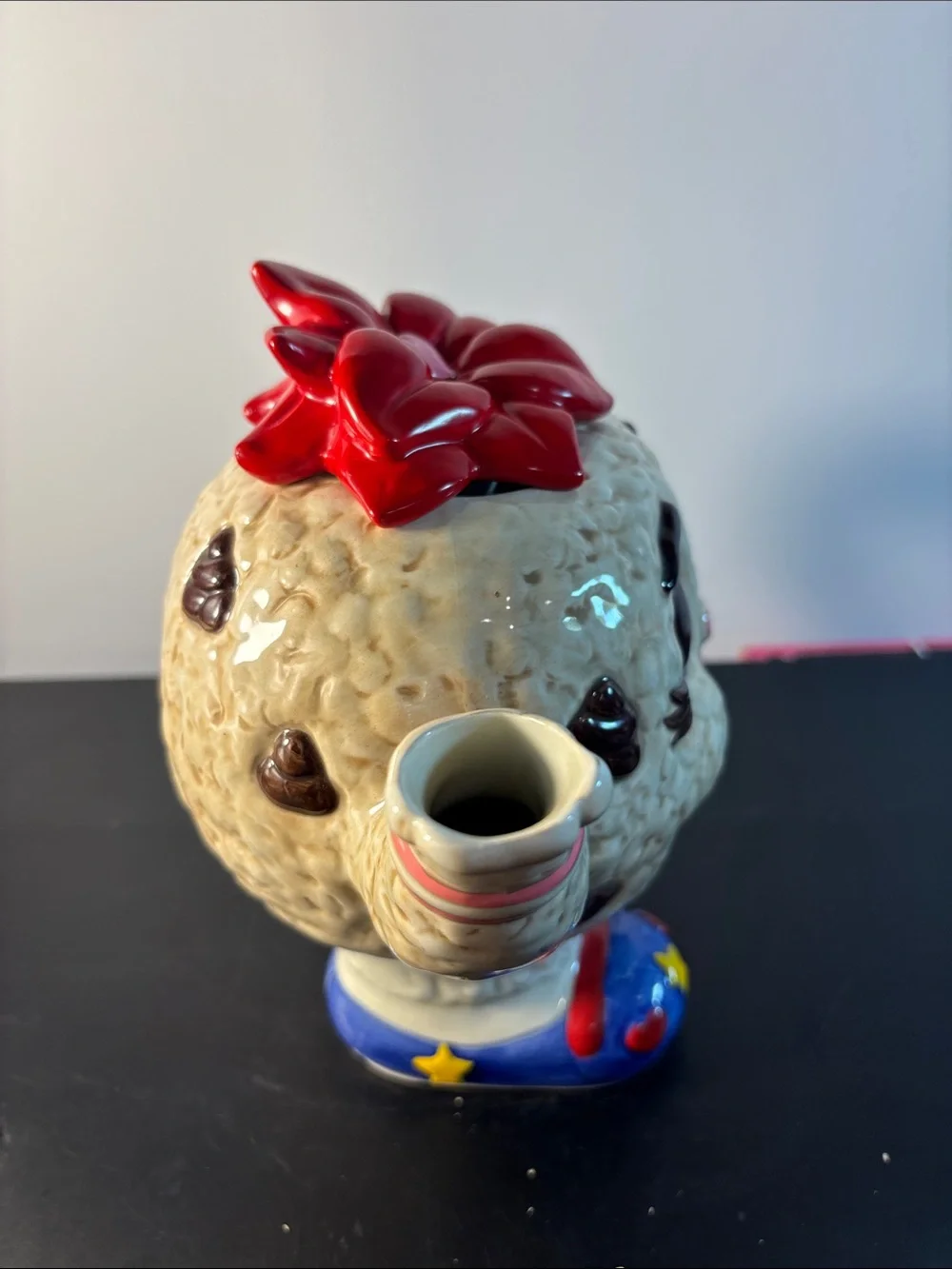 Fitz and Floyd Ceramic Character Teapot with Red Flower Top and Colorful Accents